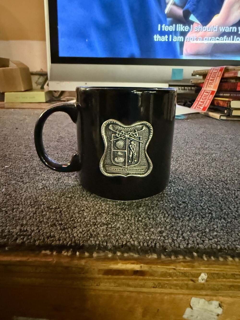 Vintage Golf Pewter Emblem Black Ceramic Coffee Mug I Rather Be Golfing